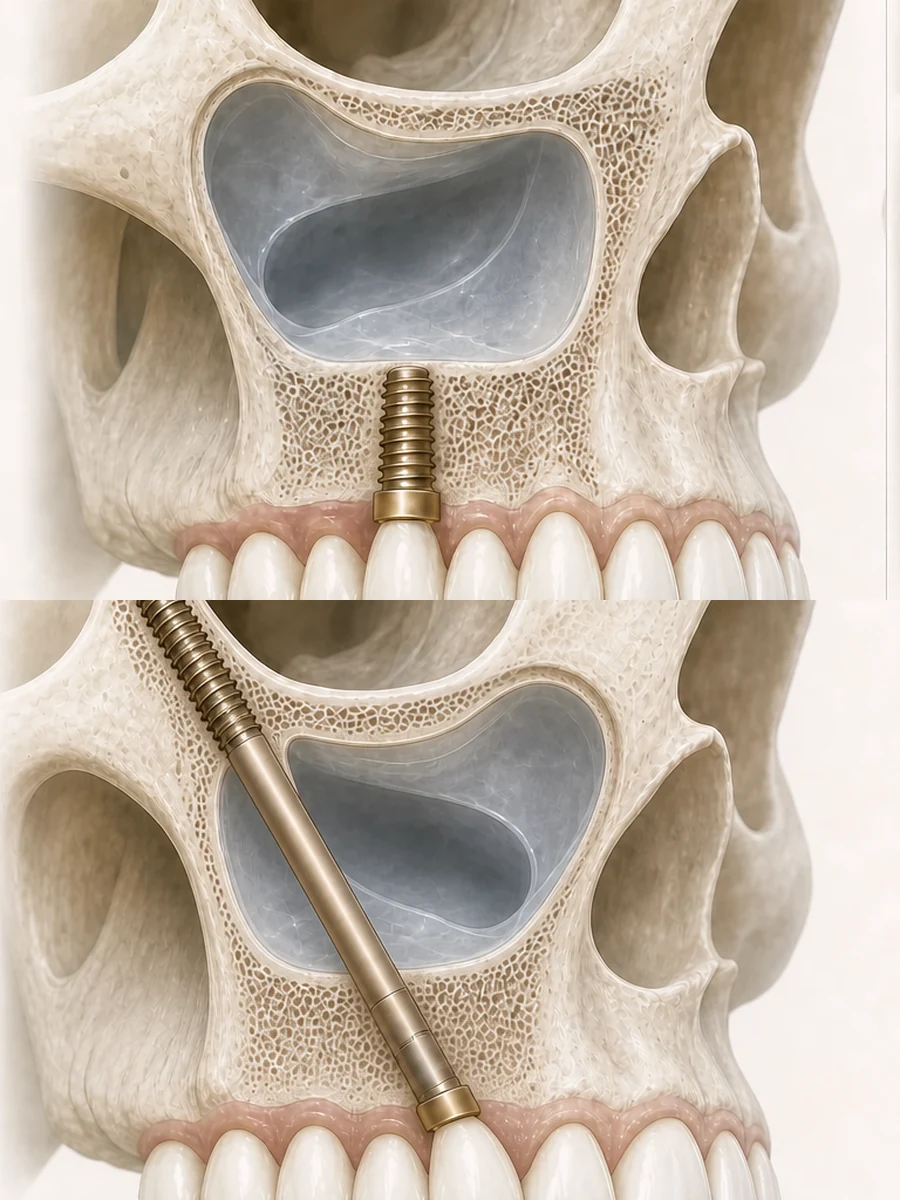 Comparison of conventional upper-jaw implants and longer implants anchored in the zygomatic bone.